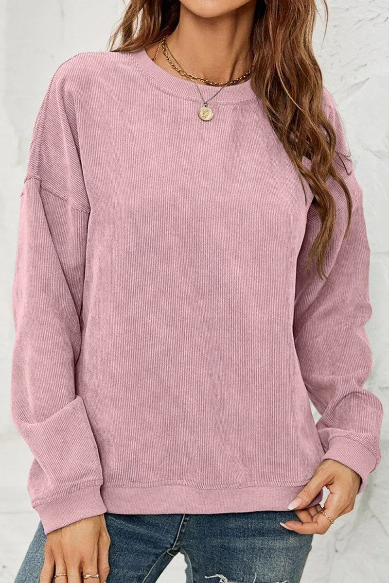 WOMEN CORDUROY ROUND NECK PULLOVER SWEATER Tear Resistant Weave Friction Resistant Shoulder