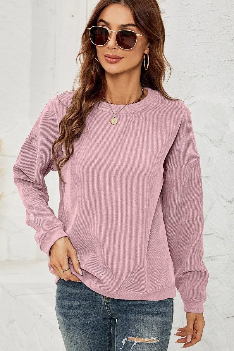 WOMEN CORDUROY ROUND NECK PULLOVER SWEATER Double Stitched Hem sporty wear