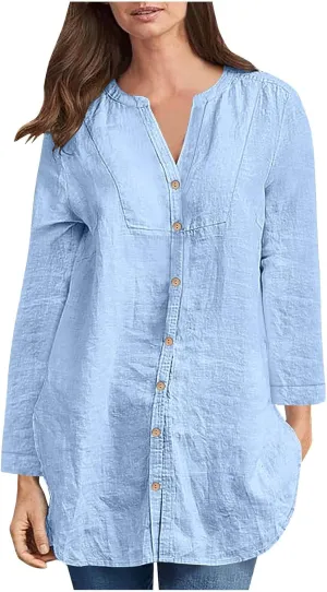 Women Cotton Linen Shirt Dressy Casual Button Down Tunic Dress Tops 2025 Summer Long Sleeve Beach Cover Up Tunic Tees