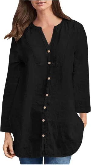 Women Cotton Linen Shirt Dressy Casual Button Down Tunic Dress Tops 2025 Summer Long Sleeve Beach Cover Up Tunic Tees