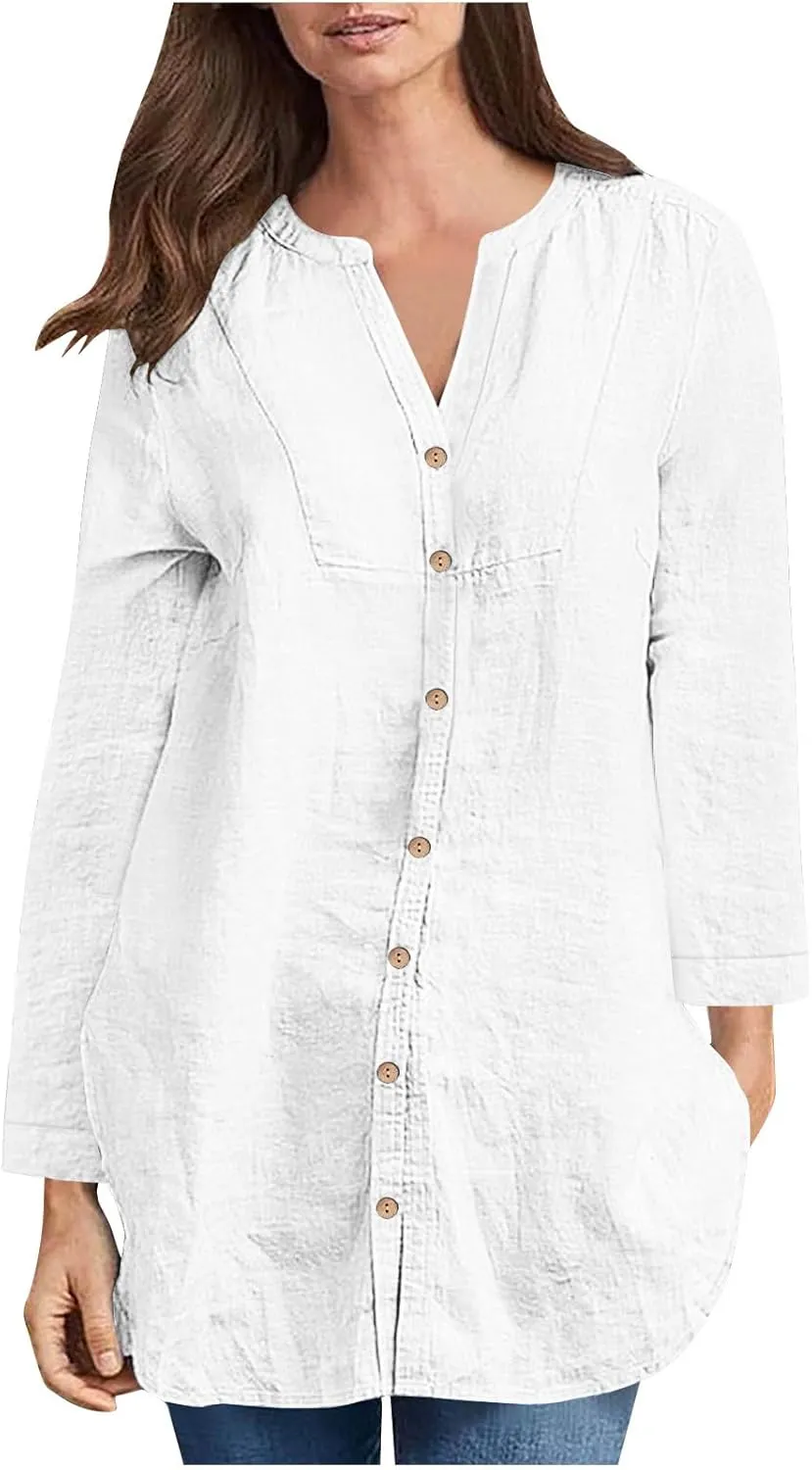 Women Cotton Linen Shirt Dressy Casual Button Down Tunic Dress Tops 2025 Summer Long Sleeve Beach Cover Up Tunic Tees