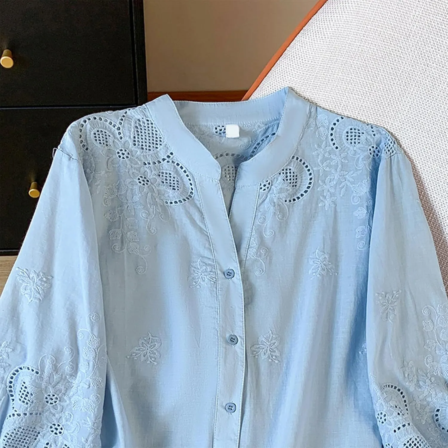 Women Cotton Linen Tops 2025 Summer 3/4 Lantern Sleeve Embroidered Shirts Loose V-Neck Boho Tees Vintage Blouses