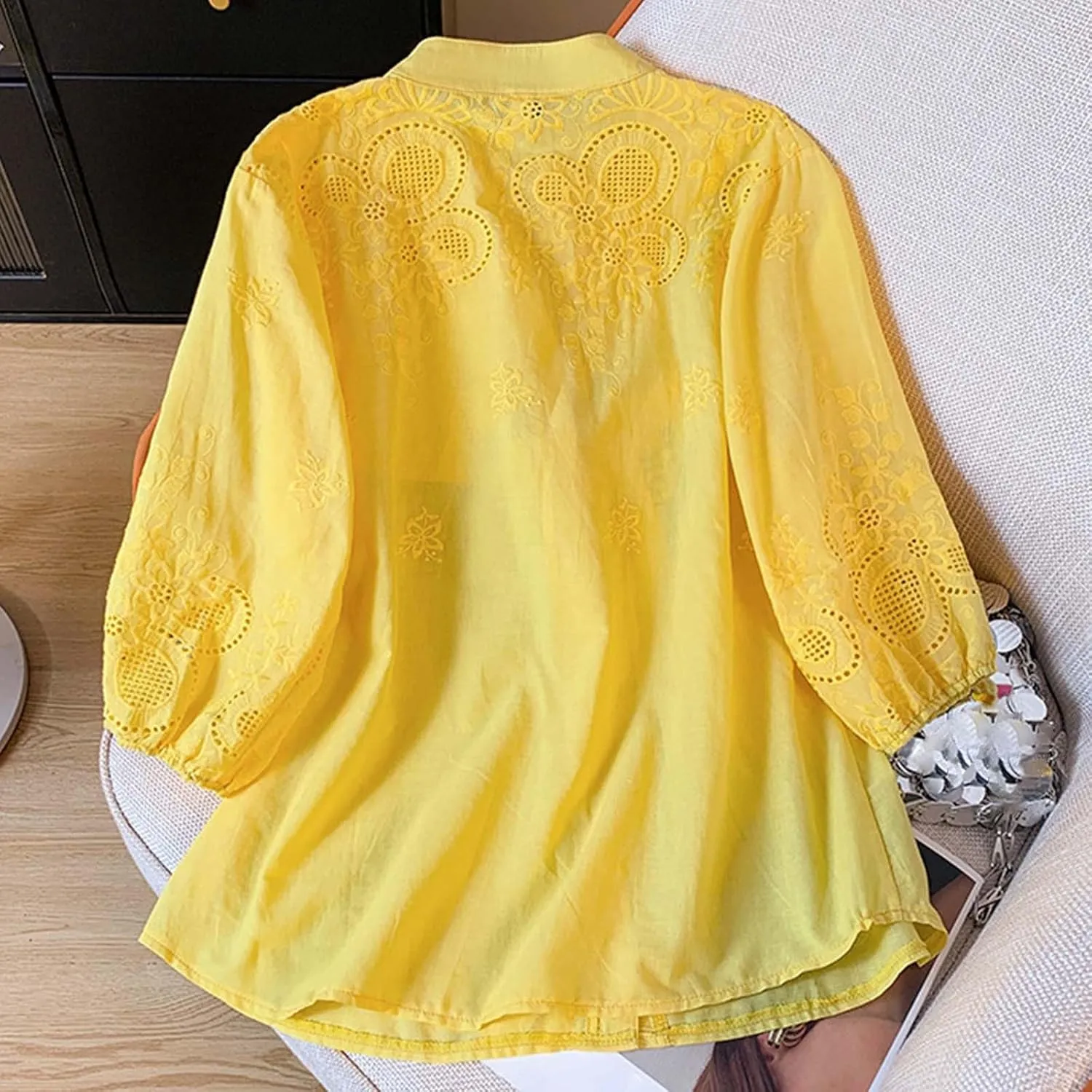 Women Cotton Linen Tops 2025 Summer 3/4 Lantern Sleeve Embroidered Shirts Loose V-Neck Boho Tees Vintage Blouses