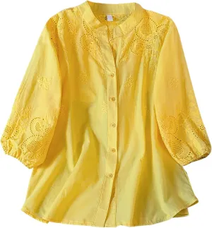 Women Cotton Linen Tops 2025 Summer 3/4 Lantern Sleeve Embroidered Shirts Loose V-Neck Boho Tees Vintage Blouses