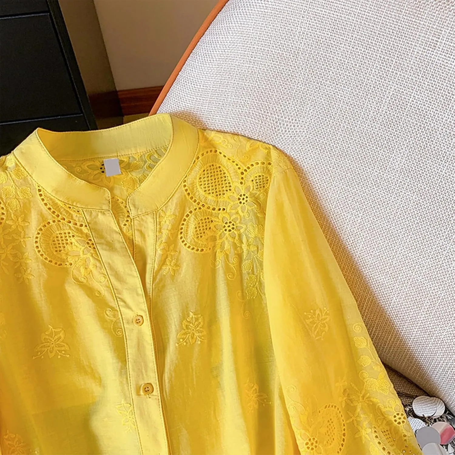 Women Cotton Linen Tops 2025 Summer 3/4 Lantern Sleeve Embroidered Shirts Loose V-Neck Boho Tees Vintage Blouses