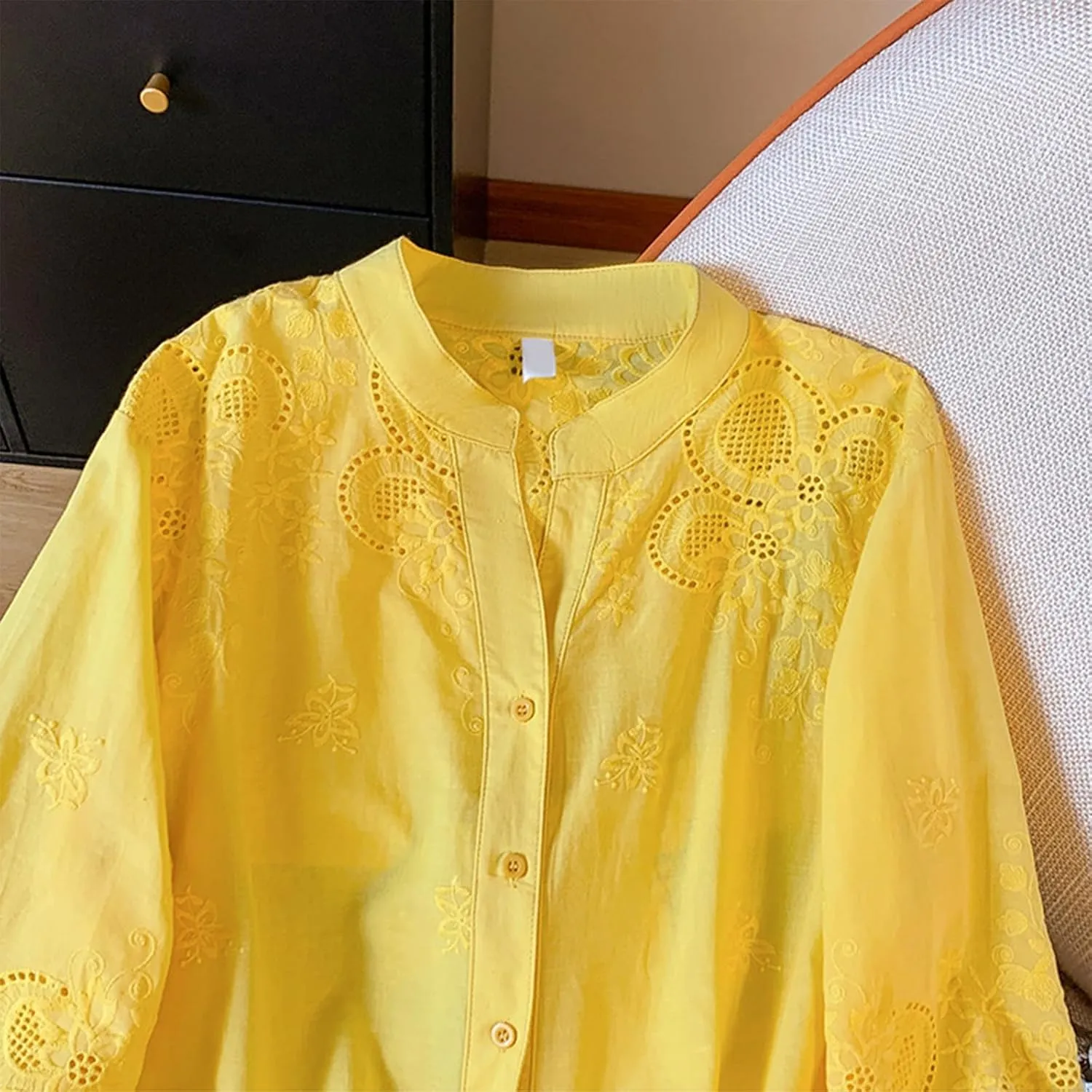 Women Cotton Linen Tops 2025 Summer 3/4 Lantern Sleeve Embroidered Shirts Loose V-Neck Boho Tees Vintage Blouses