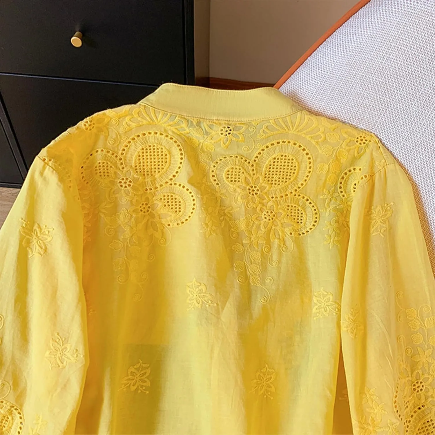 Women Cotton Linen Tops 2025 Summer 3/4 Lantern Sleeve Embroidered Shirts Loose V-Neck Boho Tees Vintage Blouses
