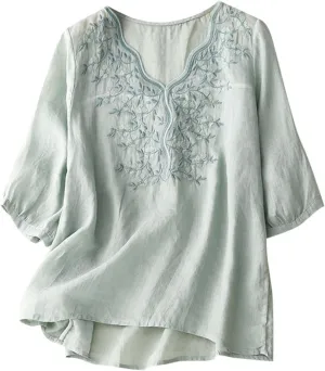 Women Cotton Linen Tops Vintage Floral Embroidered Shirts Summer Half Sleeve Scalloped V-Neck Boho Peasant Blouses