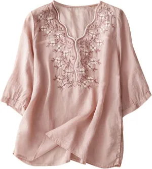 Women Cotton Linen Tops Vintage Floral Embroidered Shirts Summer Half Sleeve Scalloped V-Neck Boho Peasant Blouses