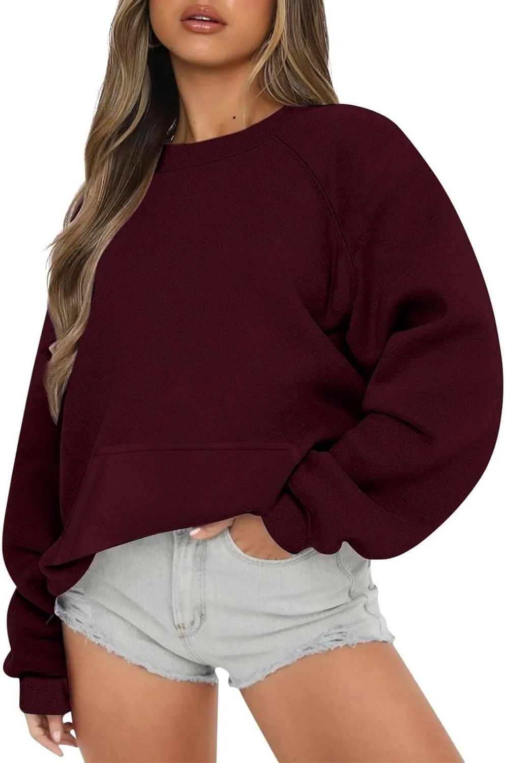 Women Crew Neck Sweatshirts Drop Shoulder Fleece Oversized Sweatshirt Long Sleeve Casual Loose Pullover Fall Sweater
