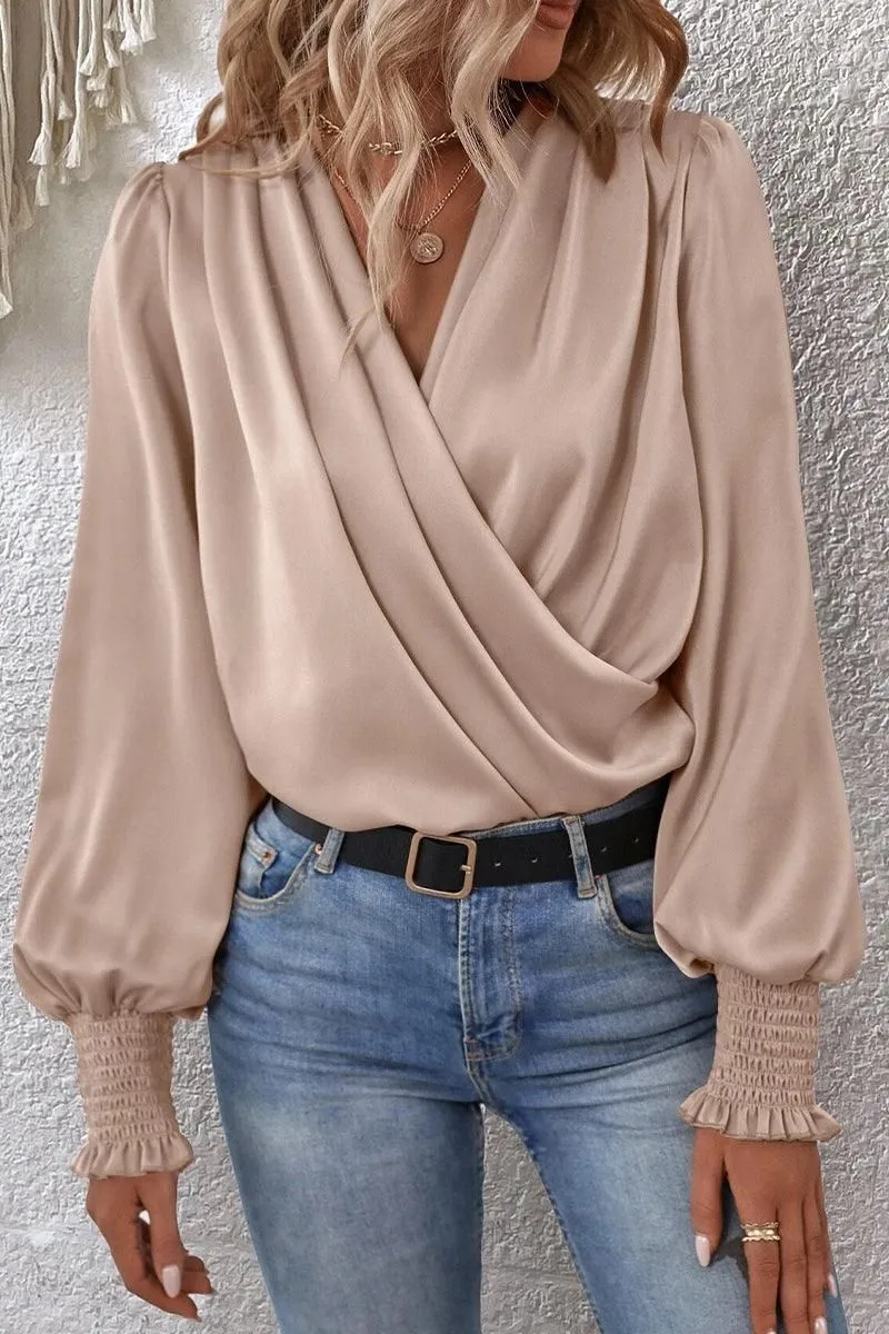 WOMEN CROSS WRAP RIBBED SLEEVE BLOUSE TOP Multi Pocket Functional Design WrinkleFree Structure