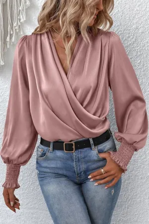 WOMEN CROSS WRAP RIBBED SLEEVE BLOUSE TOP Bonded Seam Technology