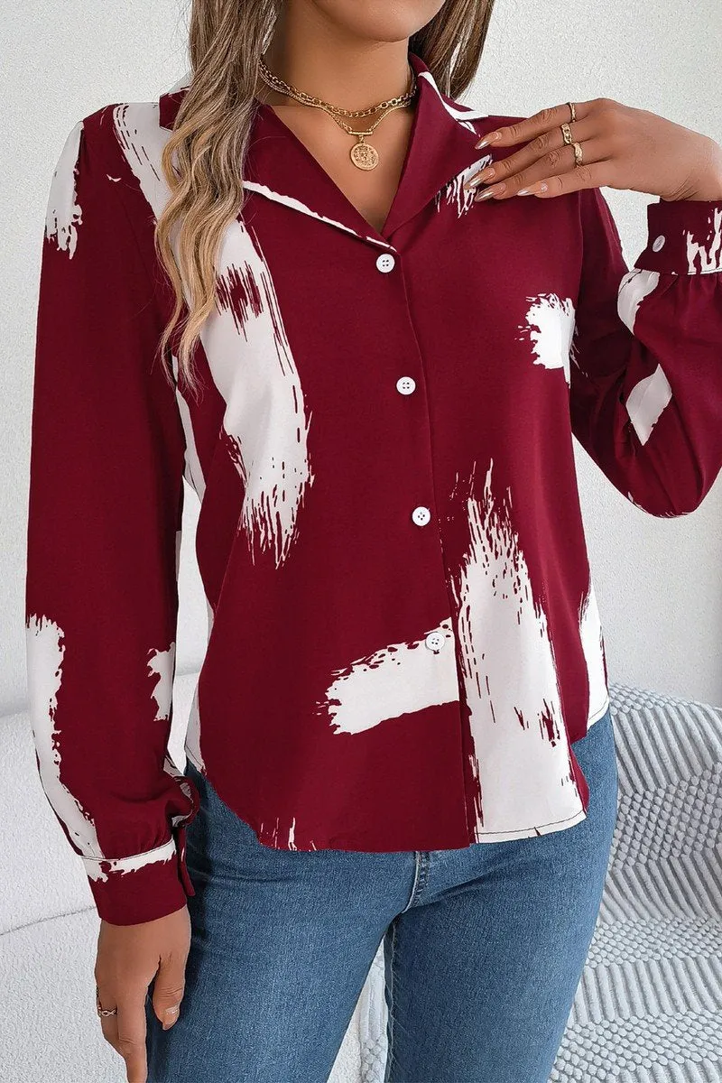 WOMEN DANDY PATTERNED BUTTON DOWN OFFICE BLOUSE DoubleLayeredShoulders