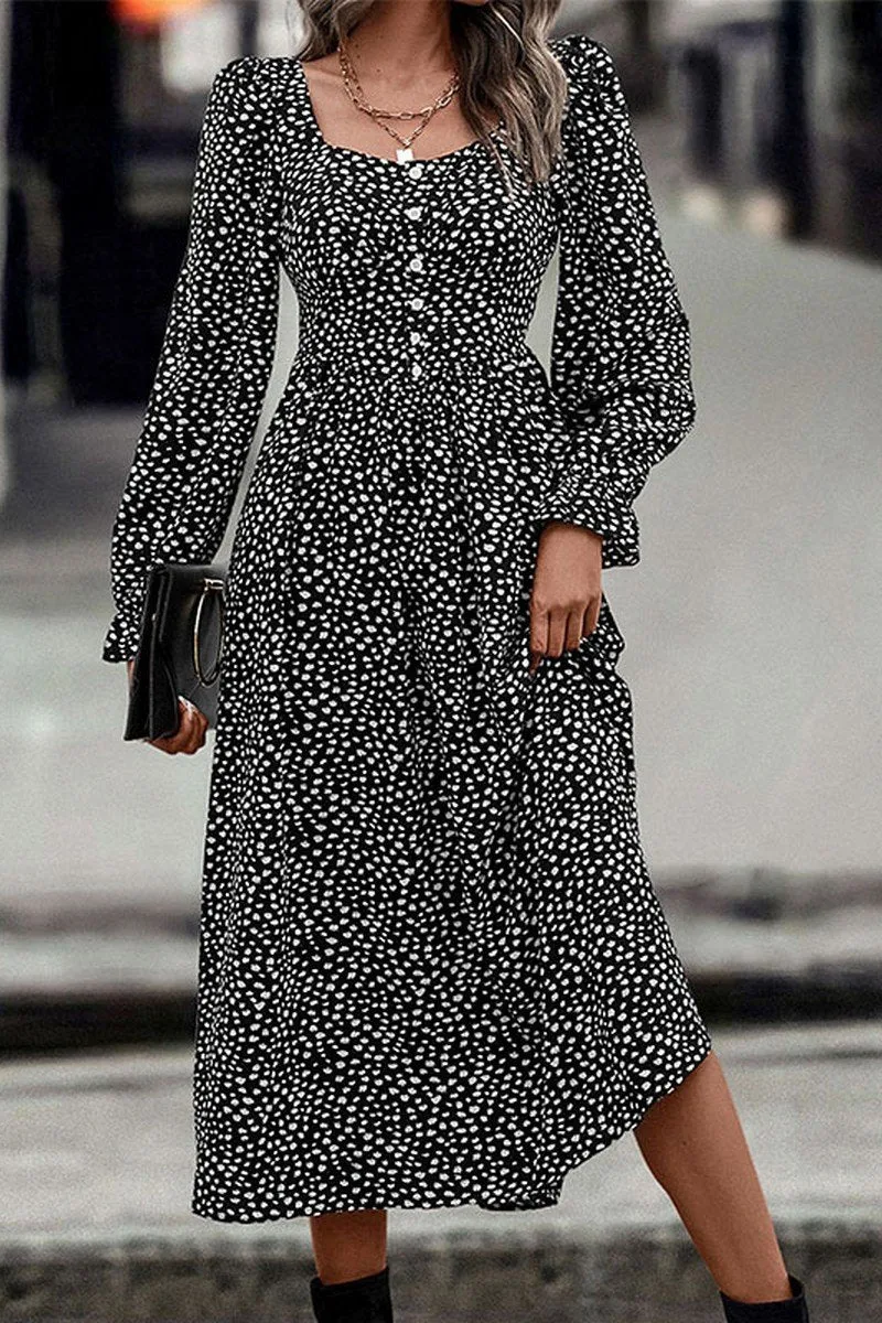 Stylish Appearance Chill Mode WOMEN DEEP SQUARE NECK LONG SLEEVE PATTERN DRESS