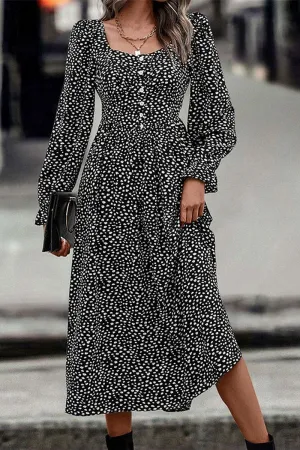 WOMEN DEEP SQUARE NECK LONG SLEEVE PATTERN DRESS Classic Move