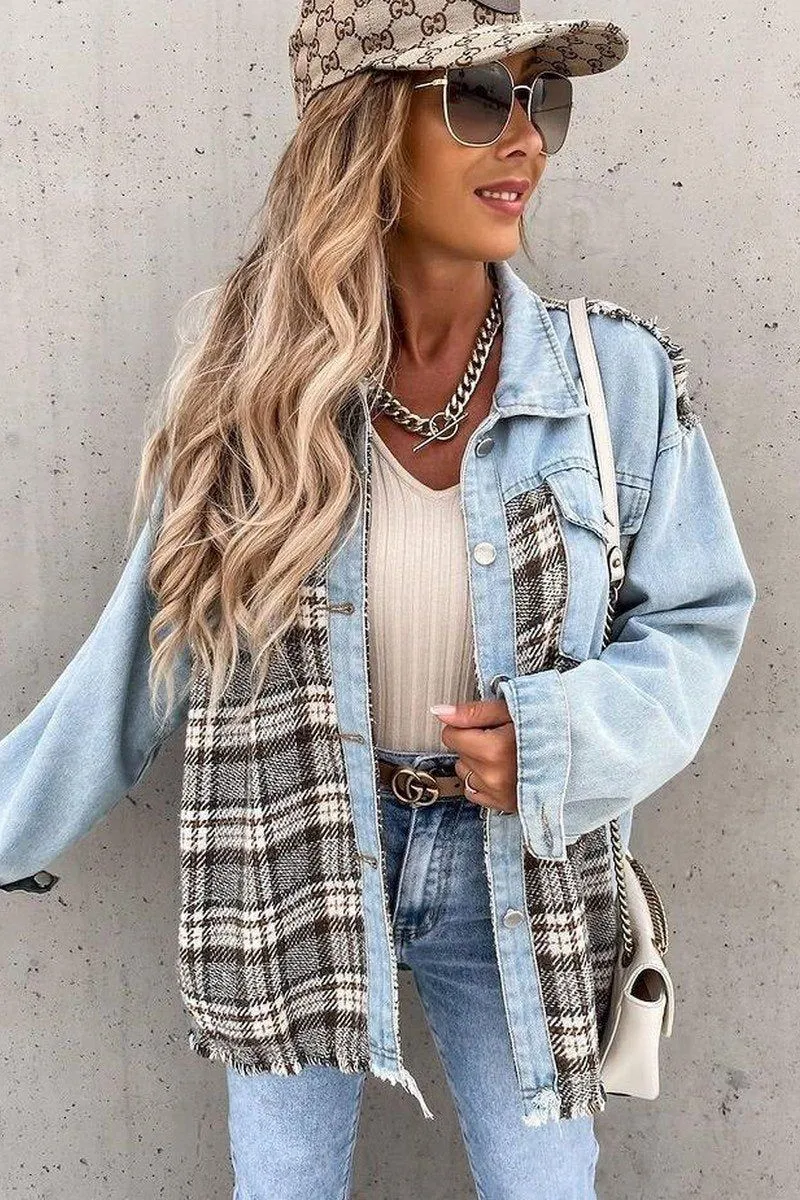 AthleisureCompatible Flexible Waistband WOMEN DENIM PATCHWORK PLAID JACKET100% POLYESTERSIZE S(2)-M(2)-L(2)-XL(2)MADE IN CHINA