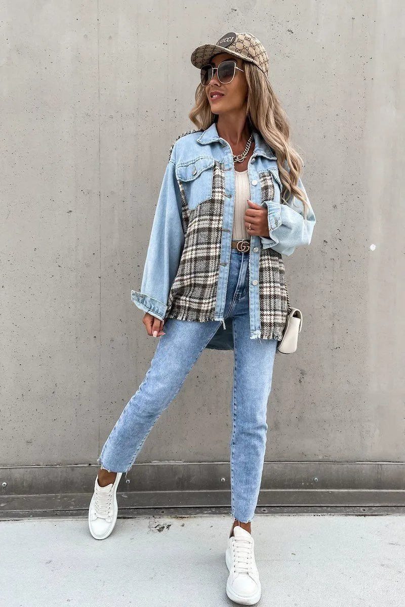 VersatileNeckline RibbedTrim WOMEN DENIM PATCHWORK PLAID JACKET100% POLYESTERSIZE S(2)-M(2)-L(2)-XL(2)MADE IN CHINA