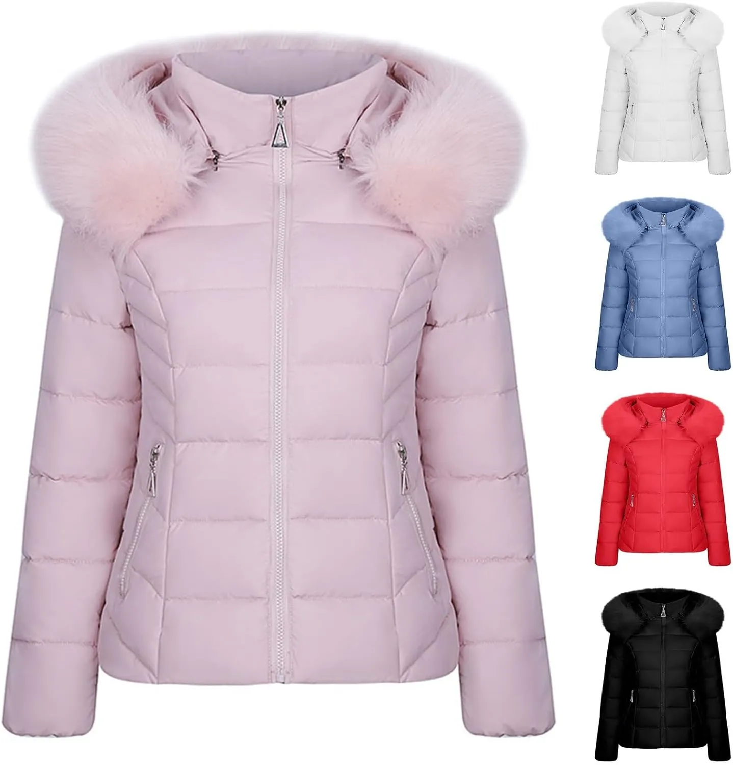 Women down Puffer Jacket Casual Short Winter Puffer Coat Thicken Lightweight Quilted Jacket Coat with Faux Fur Hood