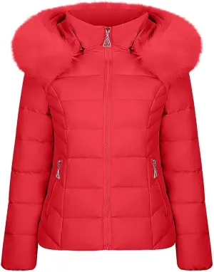 Women down Puffer Jacket Casual Short Winter Puffer Coat Thicken Lightweight Quilted Jacket Coat with Faux Fur Hood