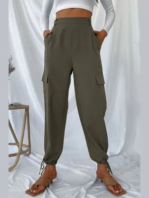 Mid Rise WOMEN DRAWSTRING ELASTIC HEM CASUAL LONG PANTS