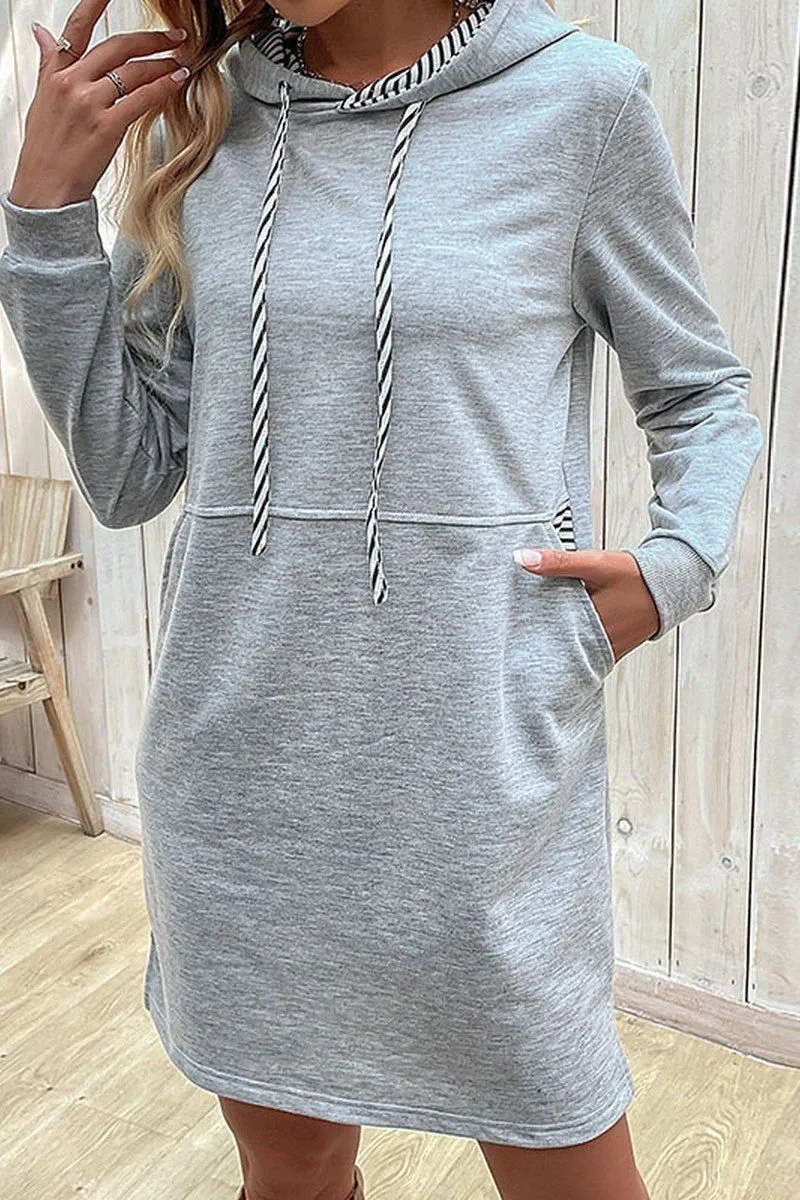 WOMEN DRAWSTRING HOODED SIDE POCKET MID DRESS Lightweight-Lining Vintage-Inspired