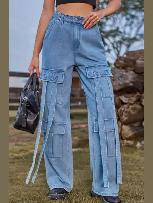 WOMEN ELASTIC WAIST DENIM CARGO PANTS JEANS Body Fit Contrast Trim