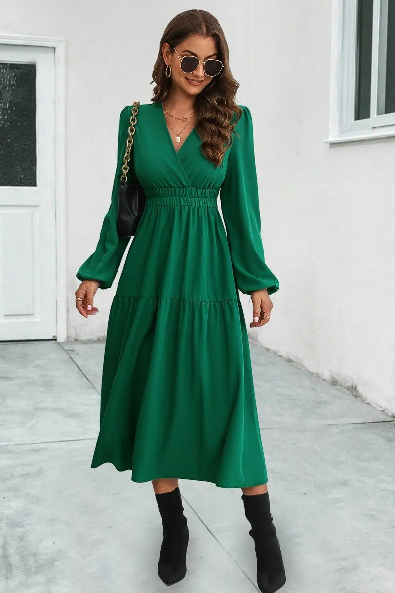 WOMEN ELASTIC WAIST V NECK LONG SLEEVE MAXI DRESS Kind Light