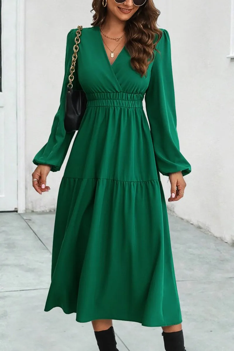 Effortless Style Waist-Cinching WOMEN ELASTIC WAIST V NECK LONG SLEEVE MAXI DRESS