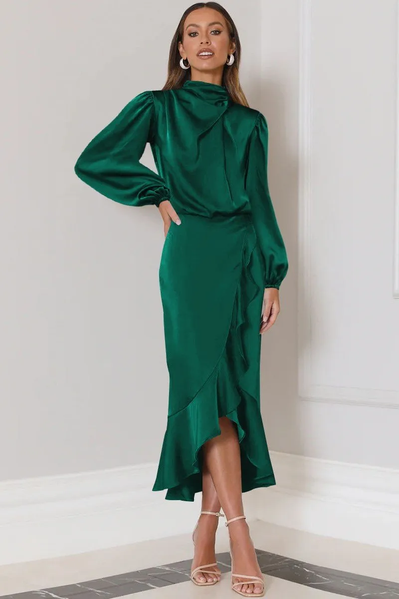Romantic Mood Relaxed Finish WOMEN ELEGANT LONG SLEEVE RUFFLE WRAP PARYT DRESS