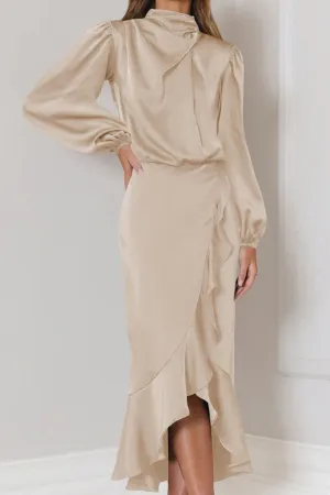 WOMEN ELEGANT LONG SLEEVE RUFFLE WRAP PARYT DRESS Summer Ready