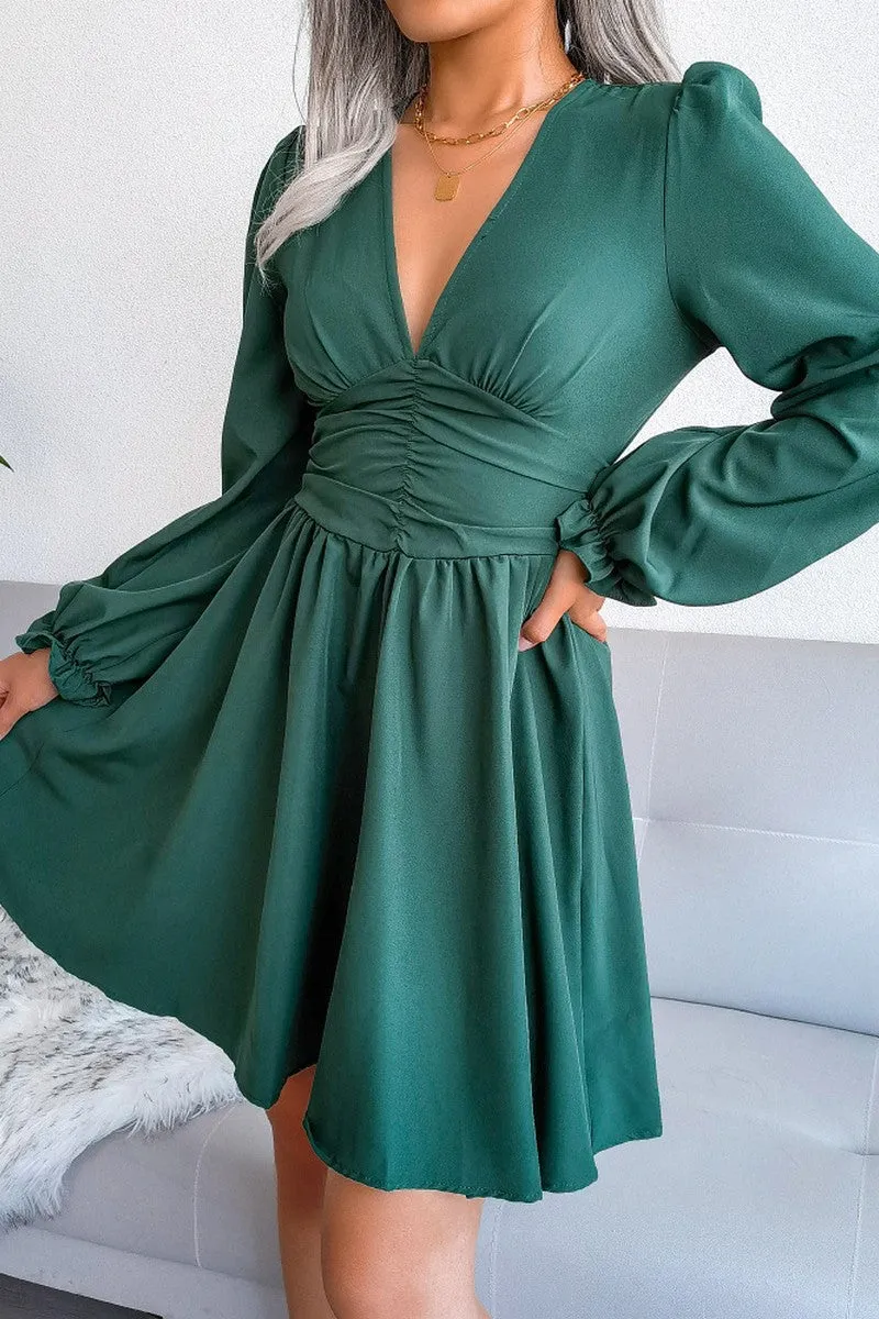 Satin-Edge WOMEN EMPIRE SLIM WAIST SEXY V NECK RUFFLE DRESS