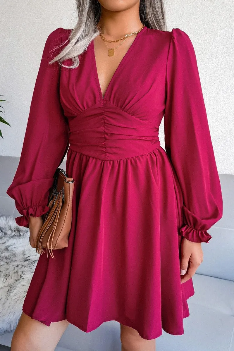 Shiny surface WOMEN EMPIRE SLIM WAIST SEXY V NECK RUFFLE DRESS