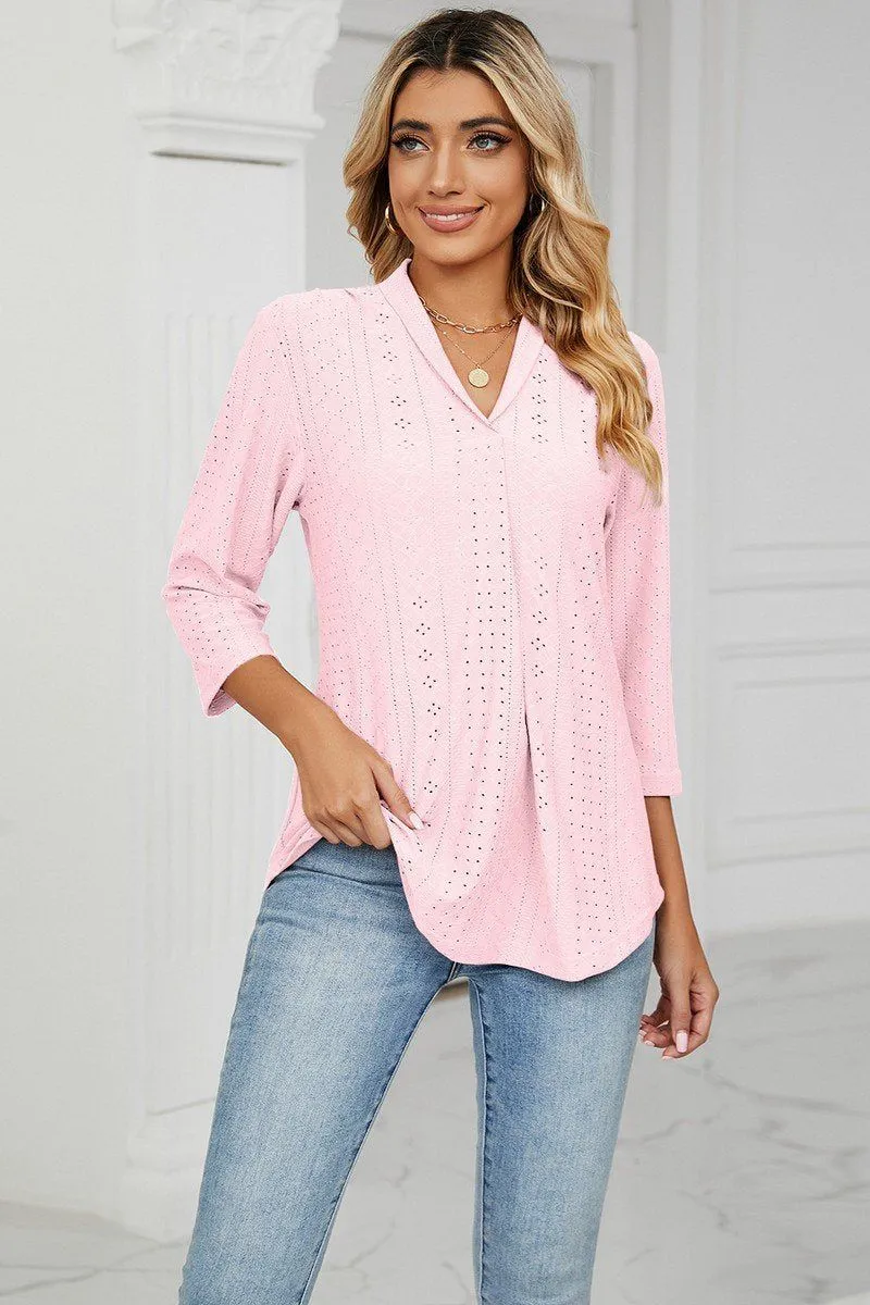 Eco Friendly Fabric Anti Pilling WOMEN EYELET COLLARED 3/4 SLEEVED BLOUSE TOP