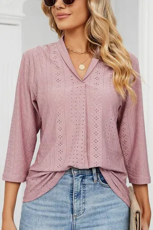 WOMEN EYELET COLLARED 3/4 SLEEVED BLOUSE TOP Silicone Grip Interior
