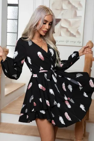 Color Pop WOMEN FEATHER PRINTING MULTILAYER HEM V NECK DRESS