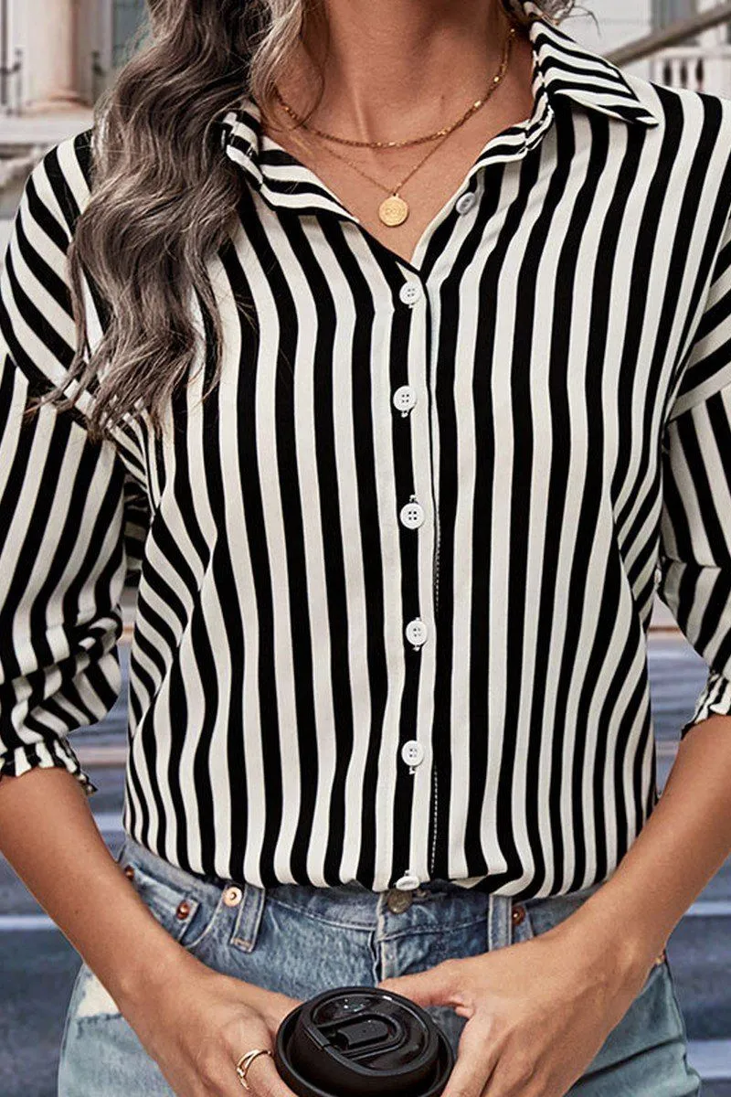 Layered Neckline WOMEN FITTED CUFF BUTTON UP STRIPE SHIRTS