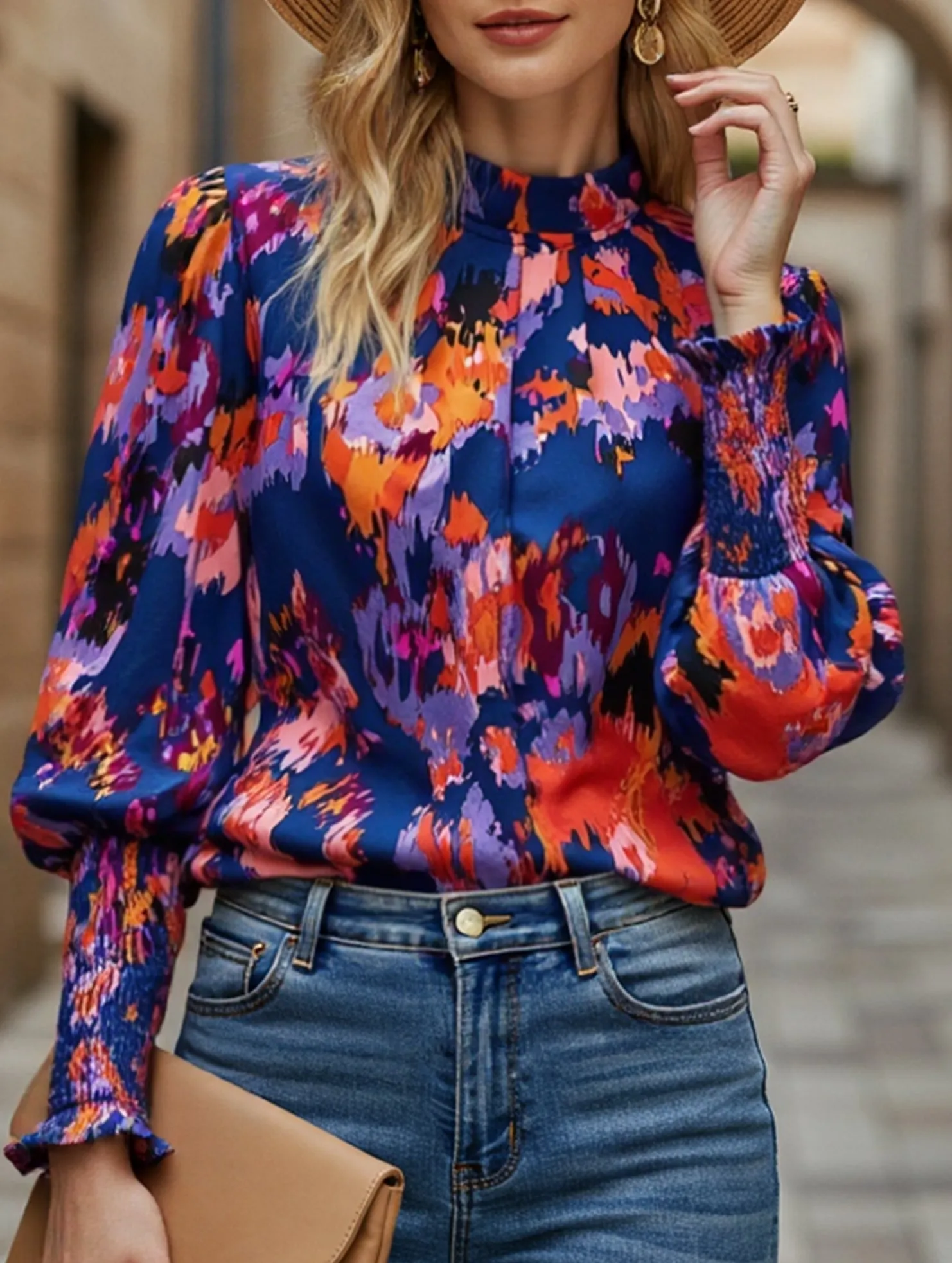 WOMEN FITTED SMOCK CUFF MARBLE PRINTING BLOUSE TurtleneckDesign