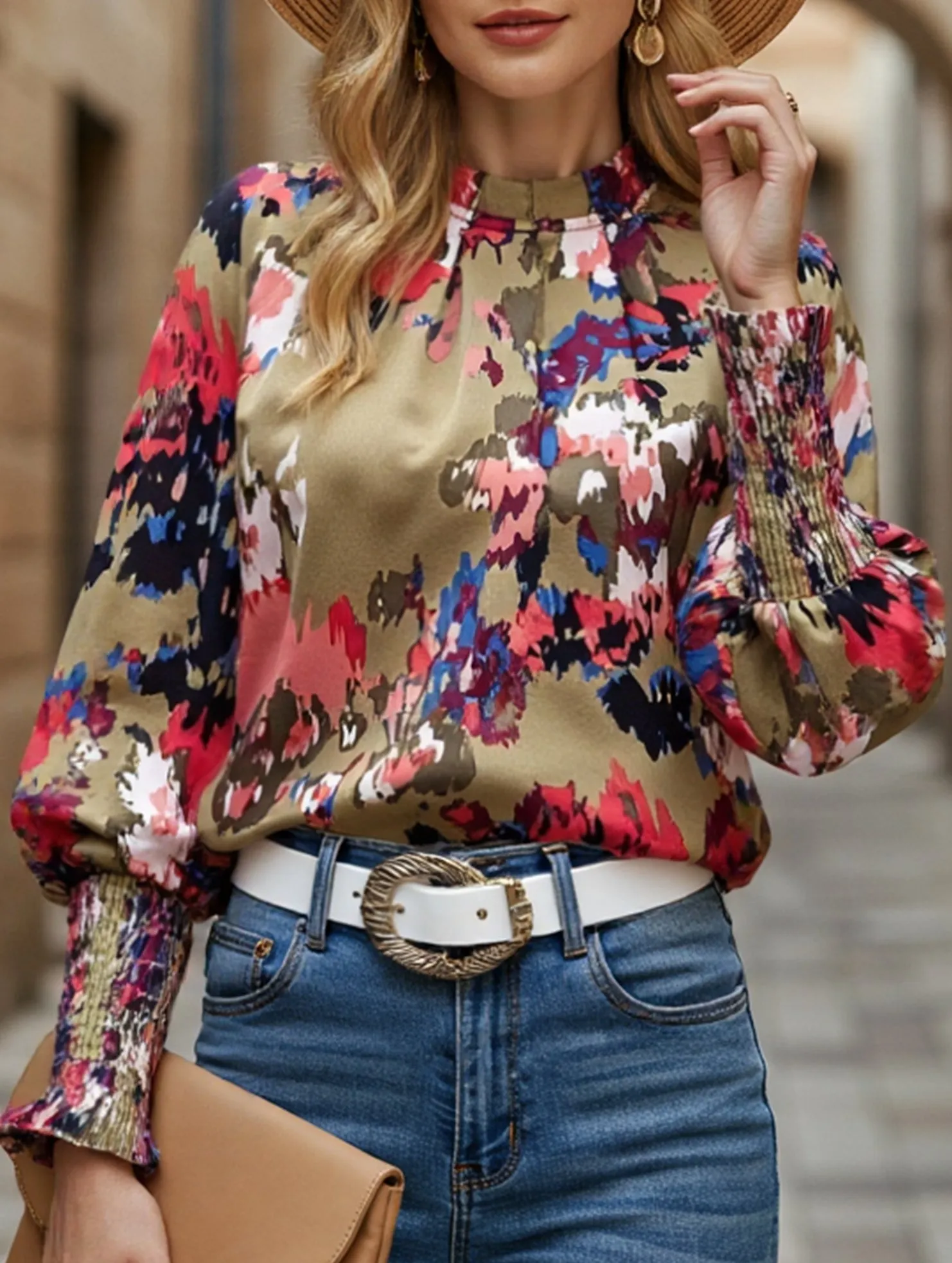 Comfortable Collar WOMEN FITTED SMOCK CUFF MARBLE PRINTING BLOUSE