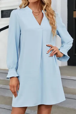 WOMEN FRILLED LONG SLEEVE V NECK SOLID DRESS Polished Layer Bell-Sleeve