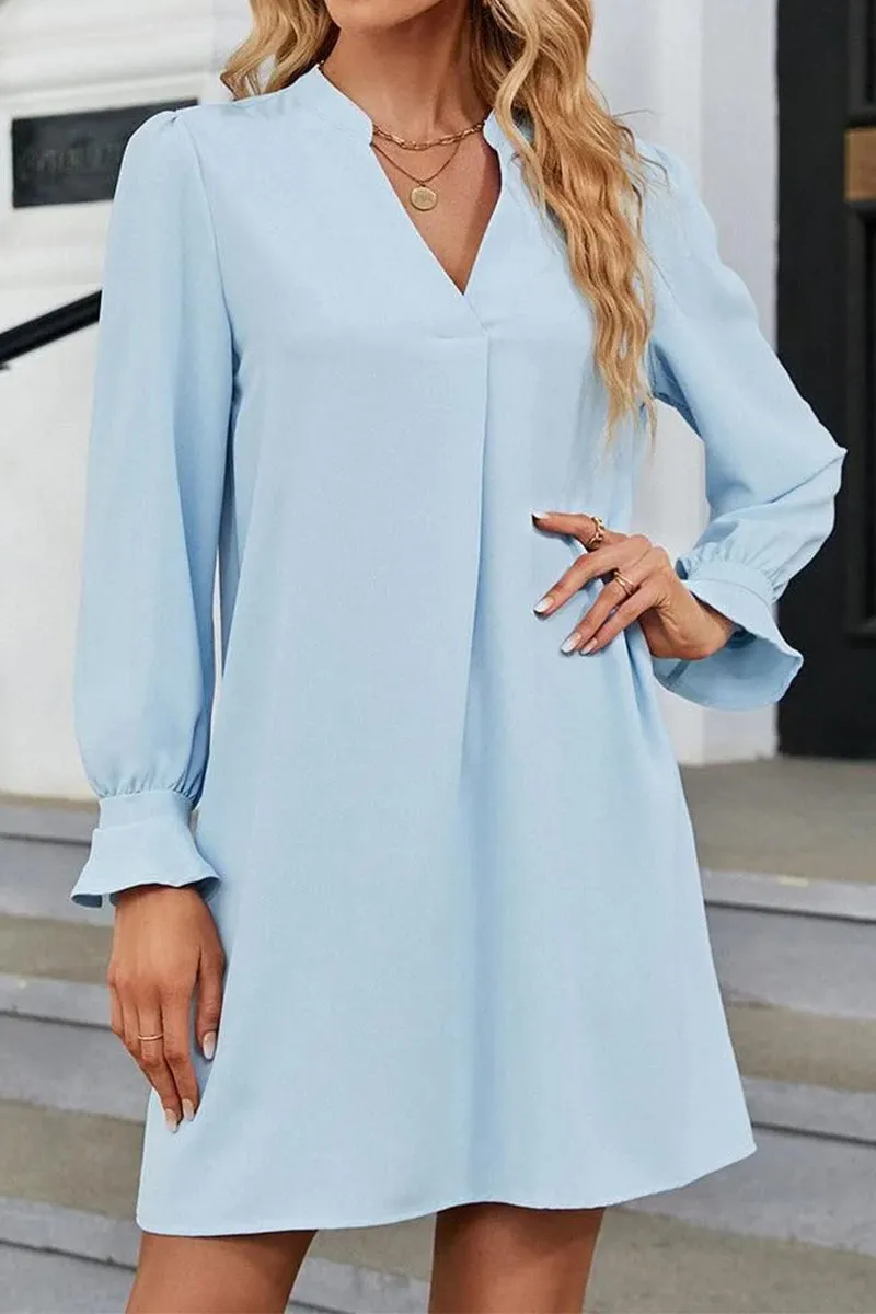 WOMEN FRILLED LONG SLEEVE V NECK SOLID DRESS Polished Layer Bell-Sleeve