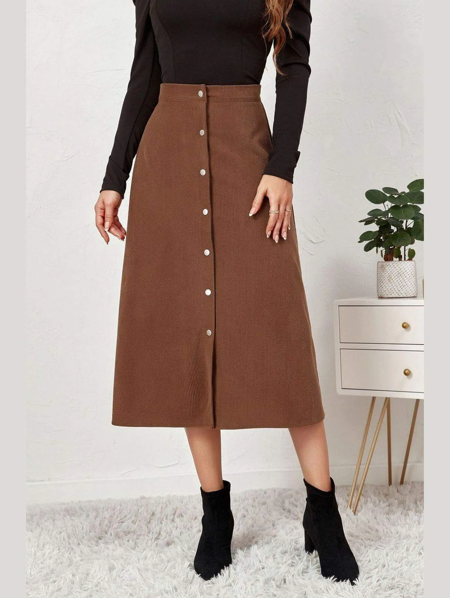 WOMEN FRONT BUTTON UP CORDUROY A LINE MIDI SKIRT Temperature Regulating