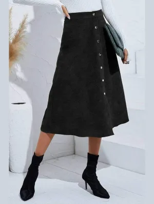 Timeless Style On The Move WOMEN FRONT BUTTON UP CORDUROY A LINE MIDI SKIRT