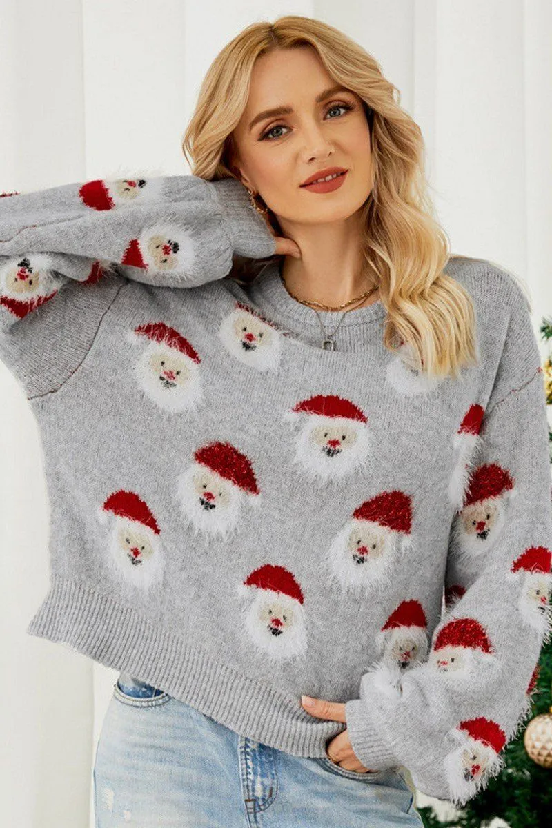 Natural Fiber Blend Reinforced Seams WOMEN FURRY CHRISTMAS SANTA PRINTING KNIT SWEATER