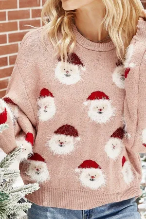 WOMEN FURRY CHRISTMAS SANTA PRINTING KNIT SWEATER Adjustable Cuff System