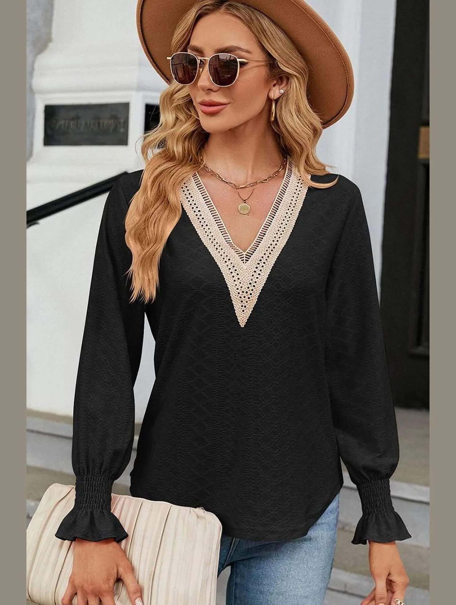 Bonded Seam Innovation MoistureWicking Fabric WOMEN GUIPURE LACE TRIM NECK RUFFLE SLEEVE BLOUSE
