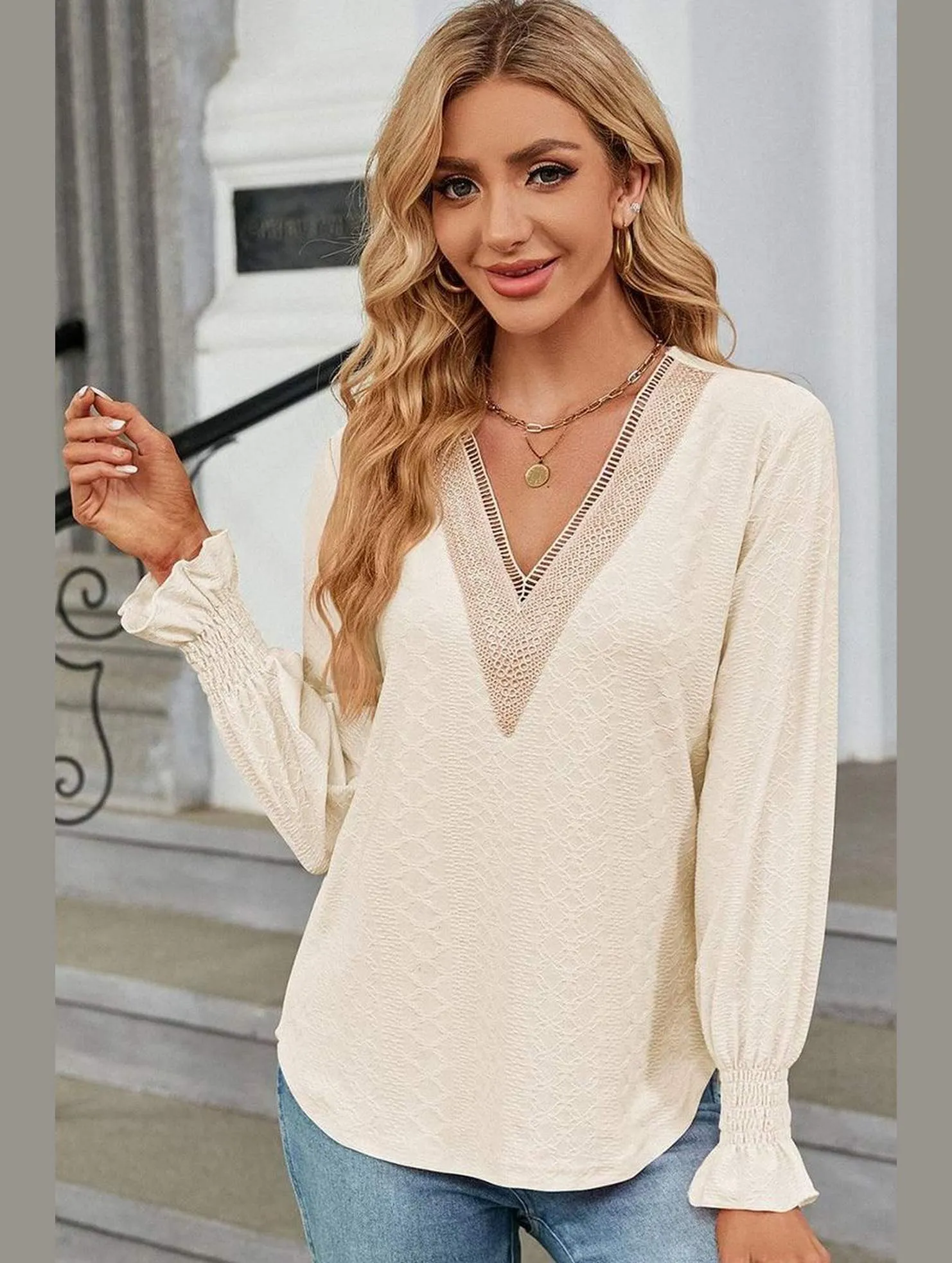 WOMEN GUIPURE LACE TRIM NECK RUFFLE SLEEVE BLOUSE Thermal Insulation Tech Lightweight Knit