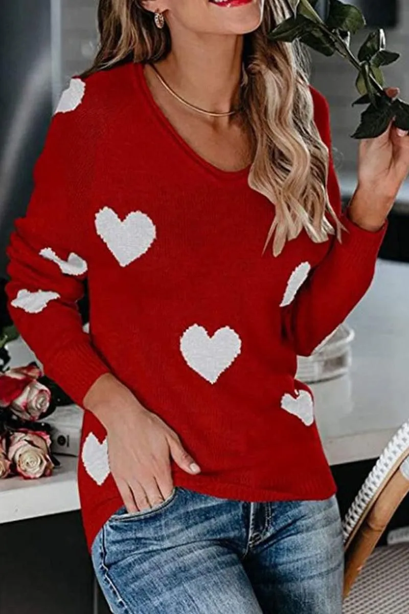 WOMEN HEART PRINTING LOOSE FIT KNIT SWEATER Everyday Look