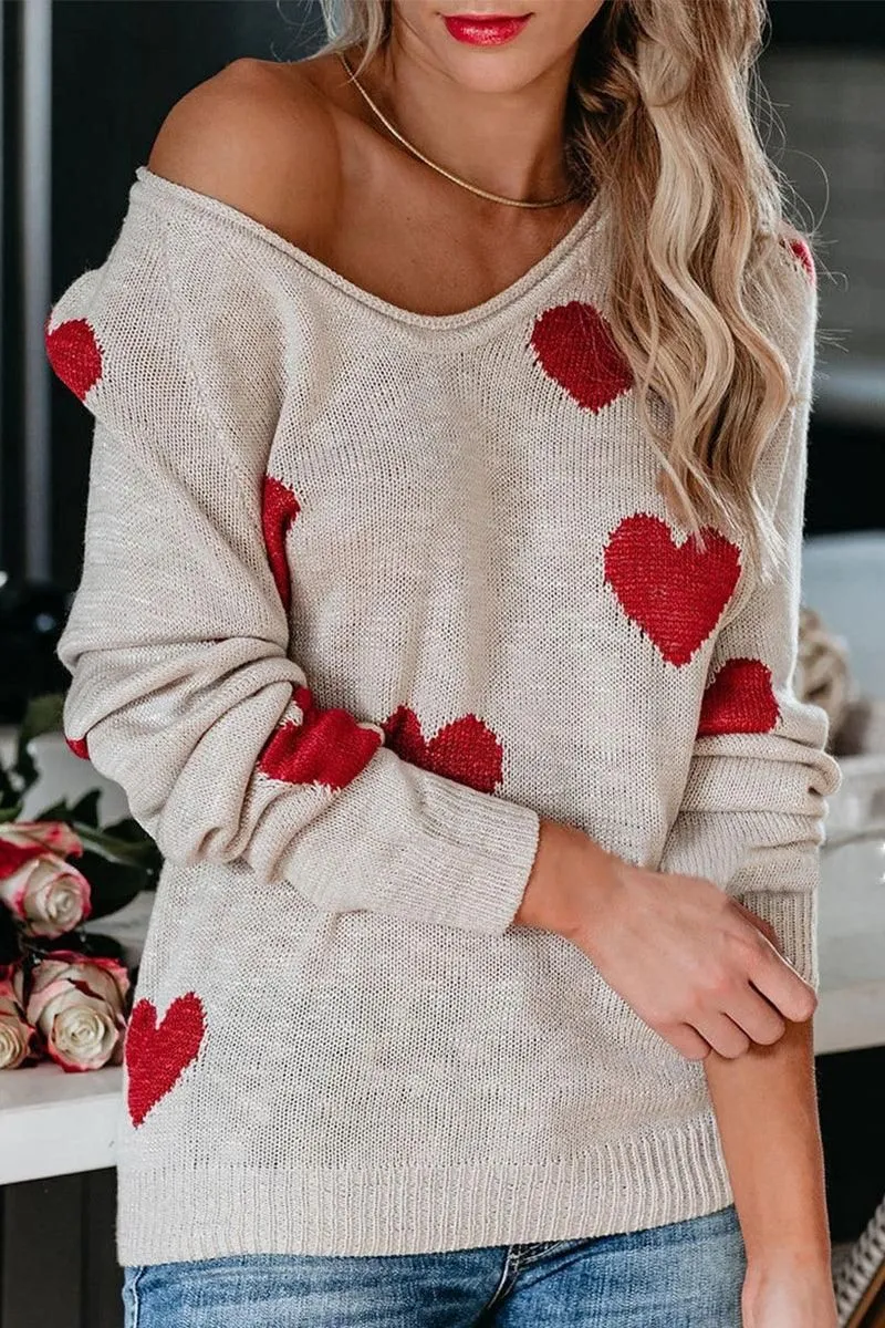 WOMEN HEART PRINTING LOOSE FIT KNIT SWEATER Airflow Mesh Panel OdorResistantFinish