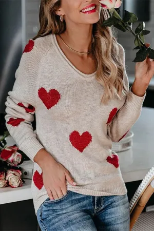 Moisture Control Lining HiddenPocket WOMEN HEART PRINTING LOOSE FIT KNIT SWEATER