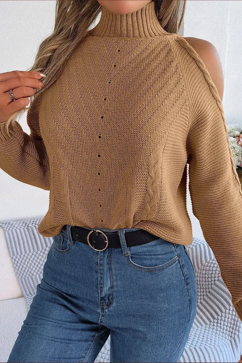 Smooth Seam Transition WOMEN HIGH NECK CUT OUT SHOULDER KNIT SWEATSHIRT